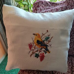 Golden Songbird Embroidered Cushion Cover